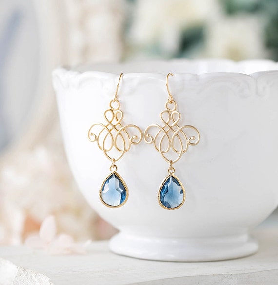 Navy Blue Earrings, Gold Navy Something Blue Wedding Earrings