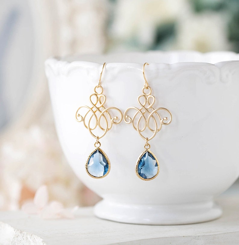 Navy Blue Earrings, Gold Navy Something Blue Wedding Earrings, Bridesmaid Earrings, Sapphire Montana Blue Drop Earrings, Chandelier Earrings image 2