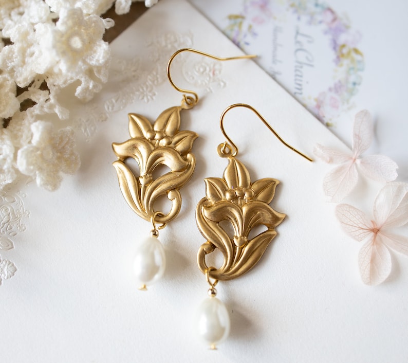 Lily Earrings Lily Jewelry Gold Brass Lily Flower Cream Etsy