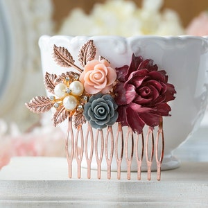 Rose Gold Bridal Hair Comb Maroon Burgundy Dark Red Wedding Hair Comb Red Gray Dusty Pink Flower Pearl Rhinestone Fall Autumn Wedding Comb image 4