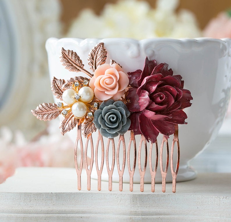 Rose Gold Bridal Hair Comb Maroon Burgundy Dark Red Wedding Hair Comb Red Gray Dusty Pink Flower Pearl Rhinestone Fall Autumn Wedding Comb image 4