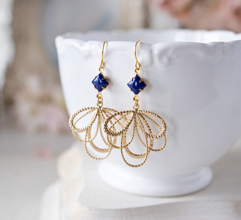 Lace Filigree Earrings Vintage Lapis Lazuli Glass Stone Earrings Gold and Navy Blue Earrings Gift for Women