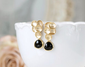 Gold and Black Dangle Earrings Gold Bubble Jet Black Teardrop Glass Post Earrings Wedding Earrings Bridal Earrings Bridesmaid Earrings