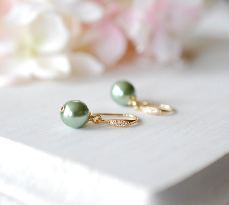 Sage Green Pearl Earrings with Gold Cubic Zirconia hooks Sage Etsy