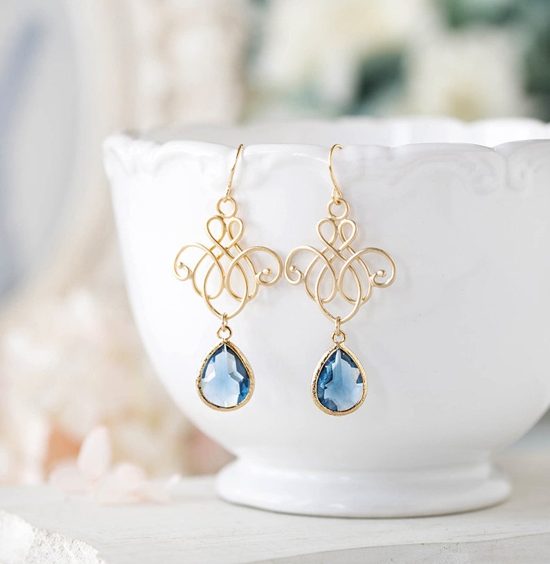 Navy Blue Earrings, Gold Navy Something Blue Wedding Earrings, Bridesmaid Earrings, Sapphire Montana Blue Drop Earrings, Chandelier Earrings image 3