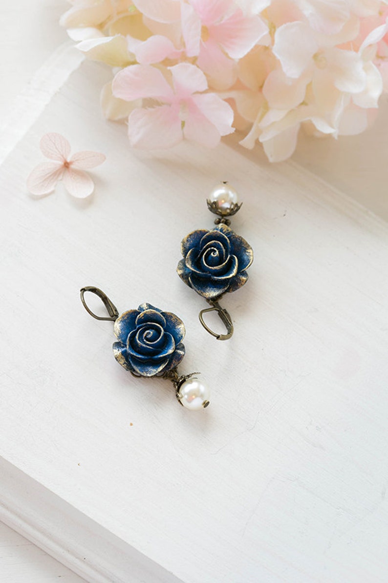 Dark Blue Earrings, Blue Flower with Cream Pearl Earrings, Navy Blue Earrings, Rose Earrings, Something Blue Wedding Bridesmaid Earrings image 3