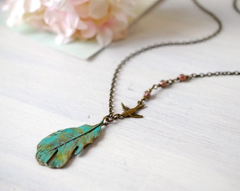 Feather Necklace. Teal Blue Verdigris Patina Feather Brass Swallow Bird Purple Brown Glass Beads Necklace, Bohemian Boho Woodland Jewelry