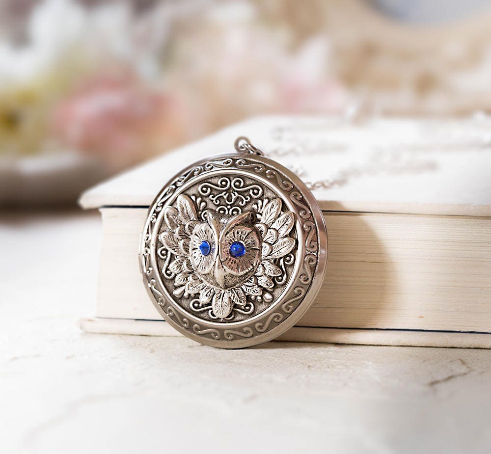 Personalized Silver Owl Locket Necklace: Sapphire Crystal Photo Keepsake