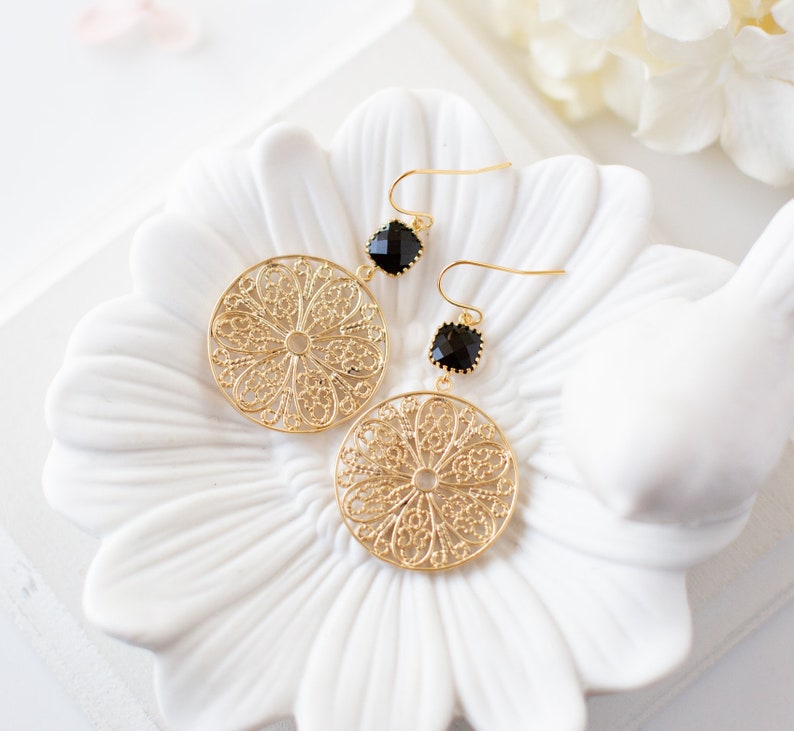 Gold and Black Earrings Boho Chic Gift for Her Jet Black Gold Filigree Earrings Gold Mesh Round Circle Earrings Gold Statement Earrings