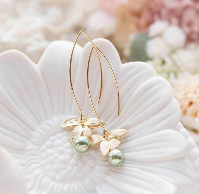 Sage Green Pearl Earrings with Gold Flower, Olivine Sage Green Wedding Bridal Earrings, Gift for Wife Girlfriend Mom daughter sister for her image 1