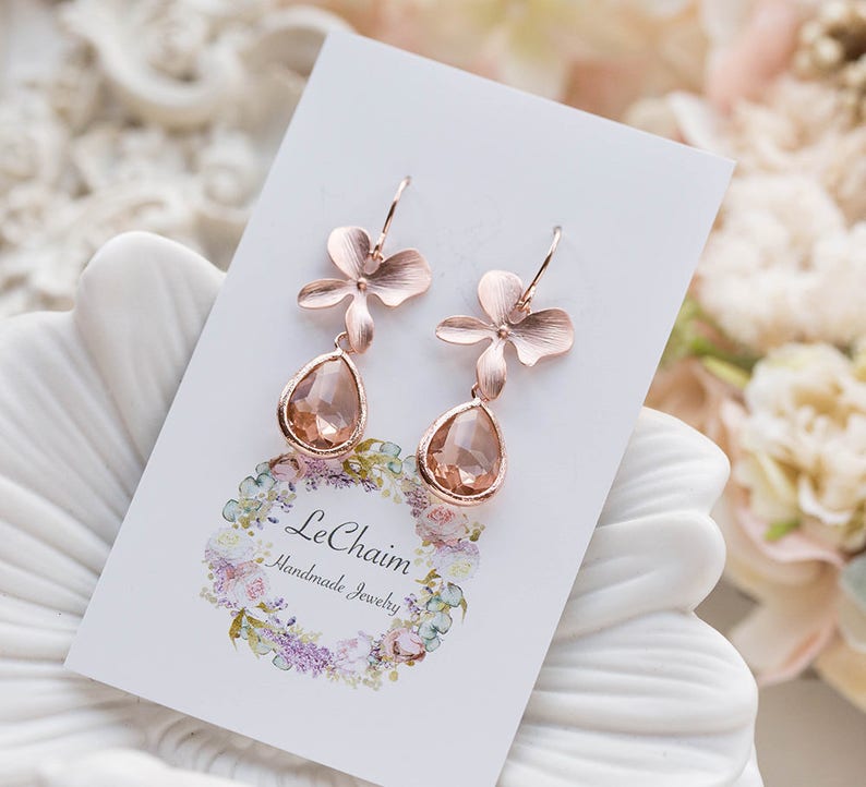 Peach Earrings Rose Gold Earrings Orchid Flower Earrings Etsy