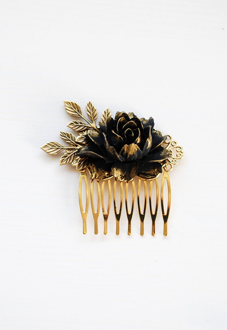 Black Flower Hair Comb Antique Gold Leaf Black Rose Hair Comb Etsy