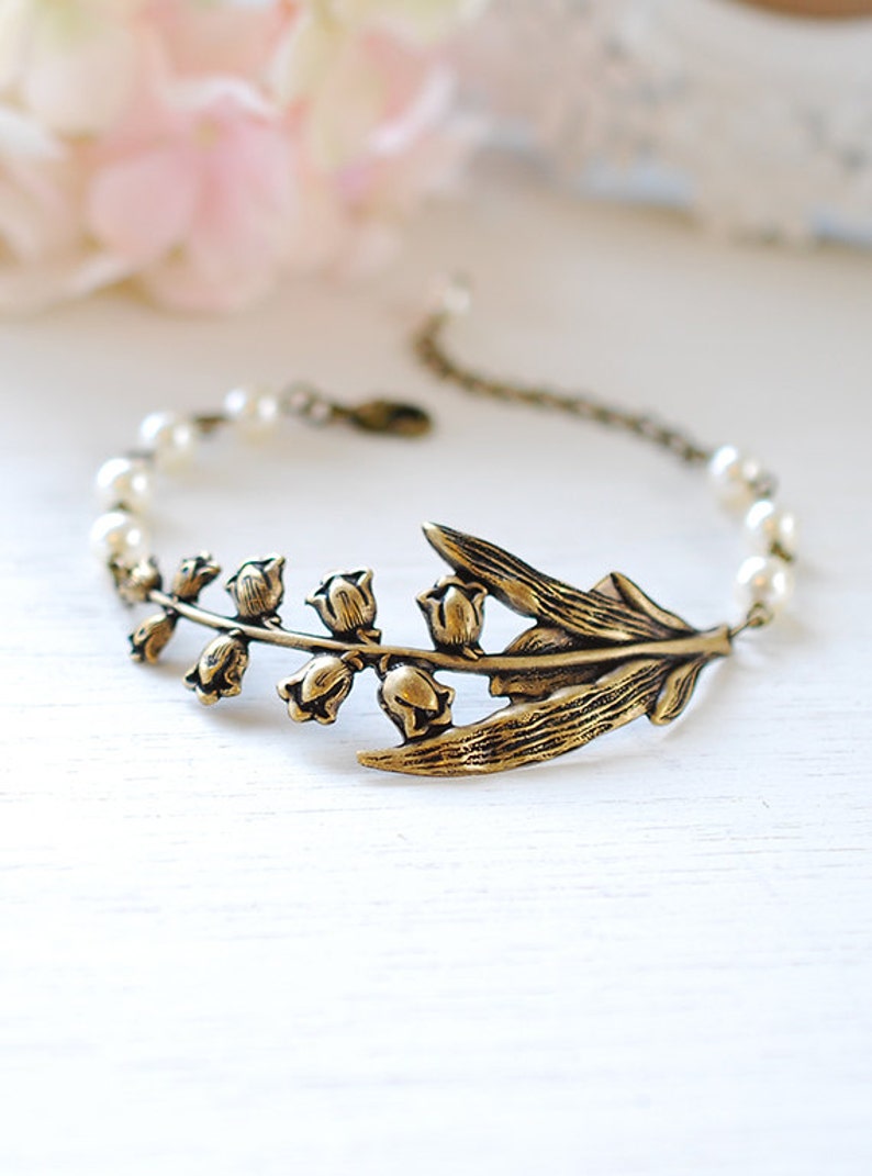Lily of the Valley Bracelet Cream White Pearls Antiqued Brass Etsy