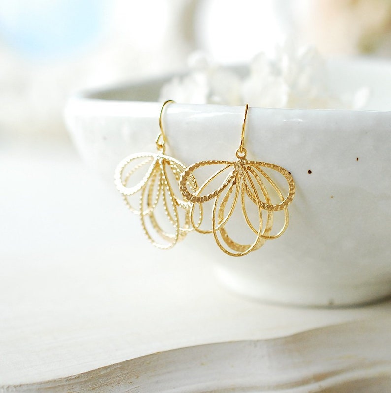 18K Gold Dangle Earrings, Fan Shape Filigree Earring, Modern Minimalist Earrings, Birthday Gift for women for Her Gift for mom daughter Wife image 1