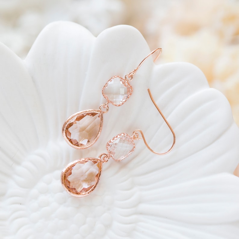 Rose Gold Earrings, Peach Champagne Clear Crystal Earrings, Rose Gold Jewelry, Birthday Anniversary Gift for Women, Bridesmaid Gift image 4
