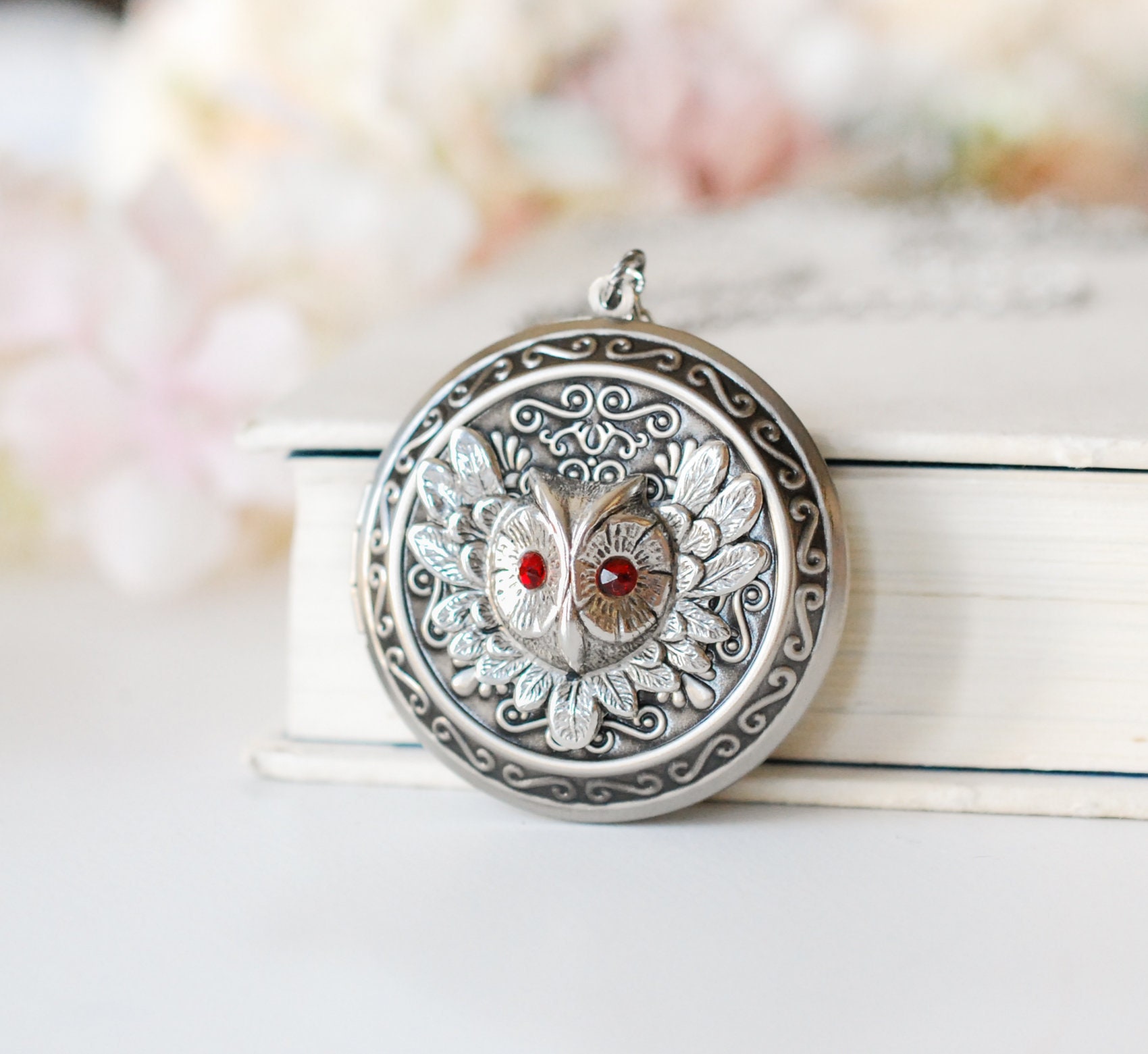 Silver Owl Locket Necklace with January Birthstone Garnet, January Birthday Gift for Her, Victorian 