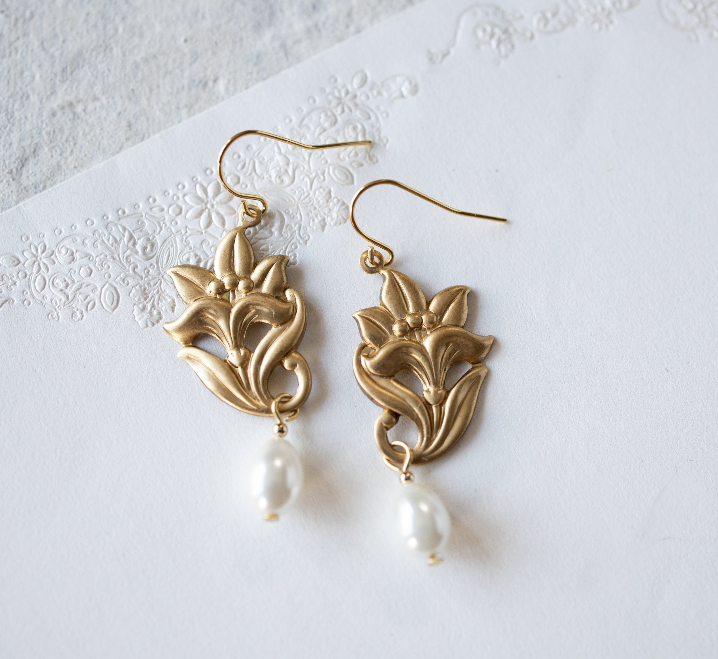 Lily Earrings Lily Jewelry Gold Brass Lily Flower Cream Etsy