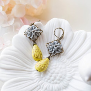 Grey and Yellow Earrings, Grey Flower Yellow Teardrop Bead Dangle Earrings, Grey and Yellow Wedding, Victorian Style, Leverback earrings image 3