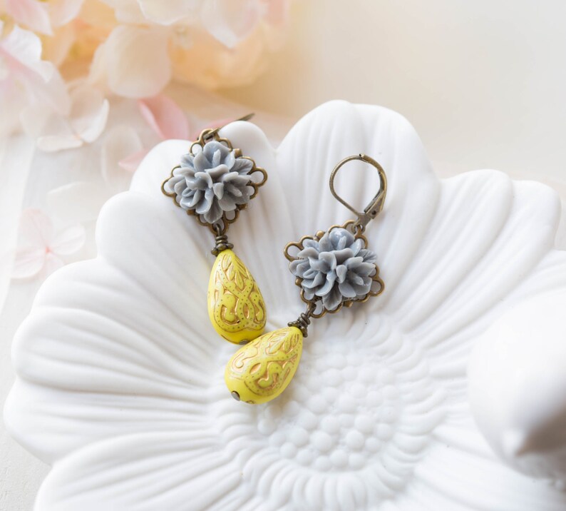 Grey and Yellow Earrings, Grey Flower Yellow Teardrop Bead Dangle Earrings, Grey and Yellow Wedding, Victorian Style, Leverback earrings image 3