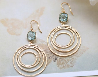 Aqua Blue Glass Gold Swirl Hoop Earrings, Aquamarine, Gold Circle, Modern Everyday Earrings, Boho Chic Bohemian Hoop dangle Earrings