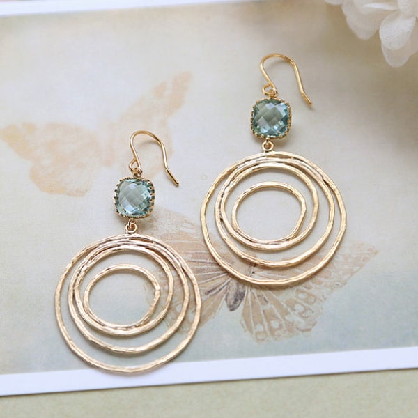 Aqua Blue Glass Gold Swirl Hoop Earrings, Aquamarine, Gold Circle, Modern Everyday Earrings, Boho Chic Bohemian Hoop dangle Earrings