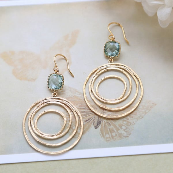 Aqua Blue Glass Earrings: Gold Swirl Hoop Dangle Earrings