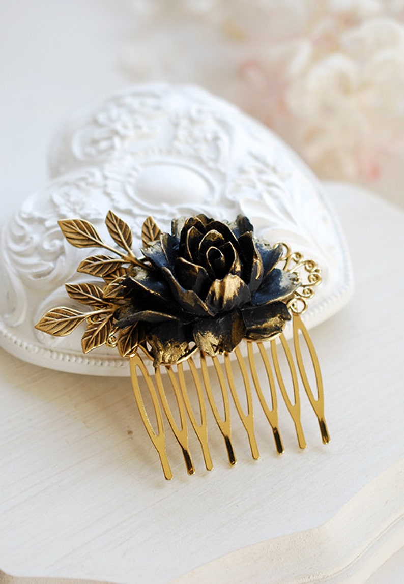 Black Flower Hair Comb Antique Gold Leaf Black Rose Hair Comb Etsy