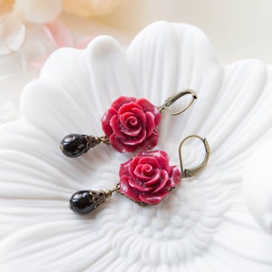 Dark Red Earrings, Maroon Burgundy Marsala Flower Black Teardrop Pearl Dangle Earrings Wedding Jewelry Bridesmaid Gift Valentines day gift image 3