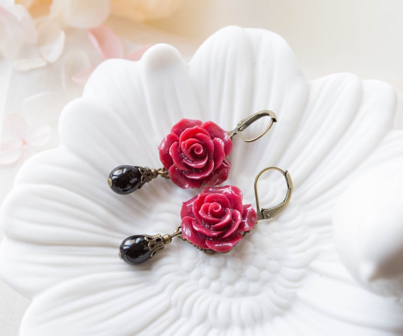 Dark Red Earrings, Maroon Burgundy Marsala Flower Black Teardrop Pearl Dangle Earrings Wedding Jewelry Bridesmaid Gift Valentines day gift image 3