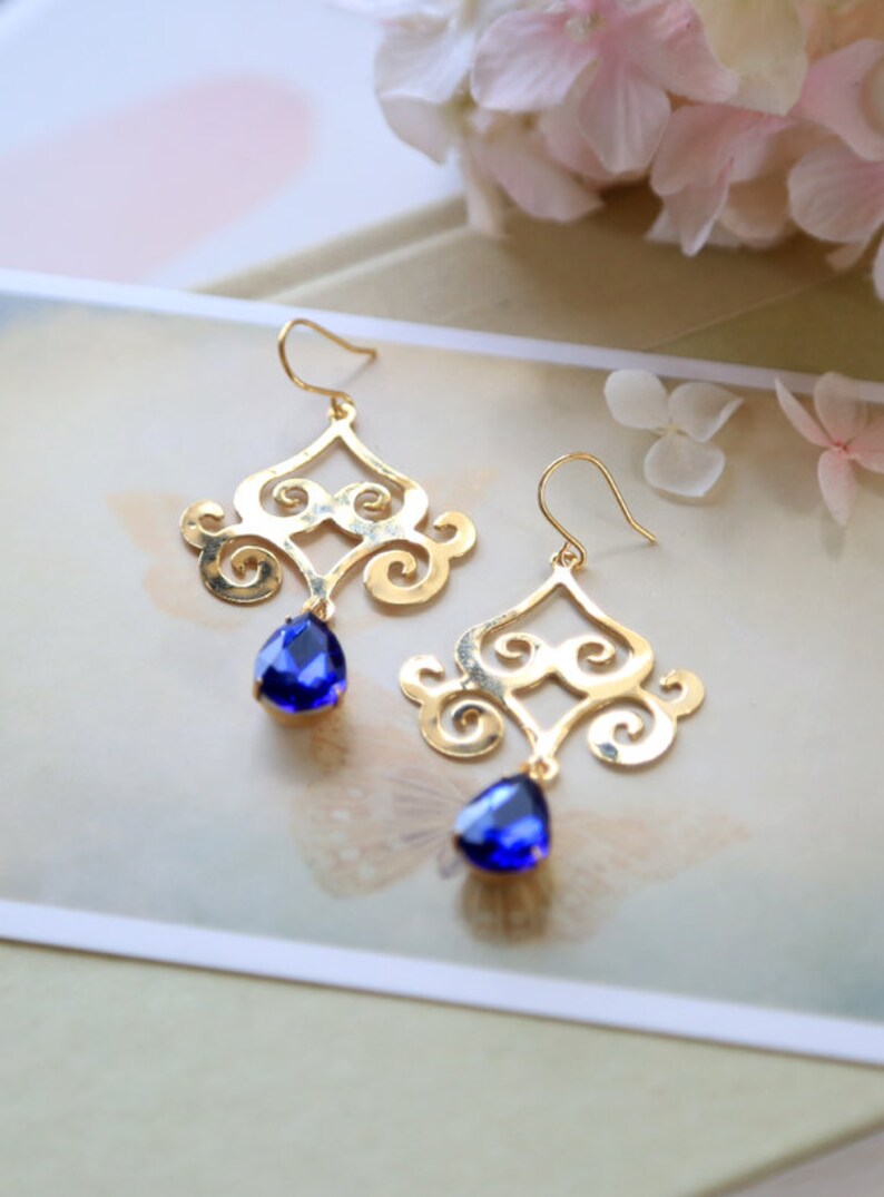 Sapphire Blue Teardrop Jewels Gold Filigree Earrings Sapphire | Etsy