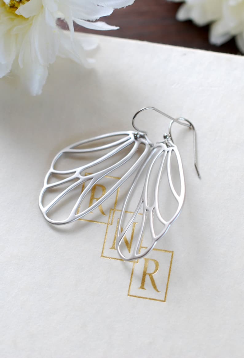 Silver Wing Earrings. Matte Silver Fairy Wings Earrings, Butterfly Wings Earrings, Cicada Wings Earrings. Filigree Wing Jewelry image 4