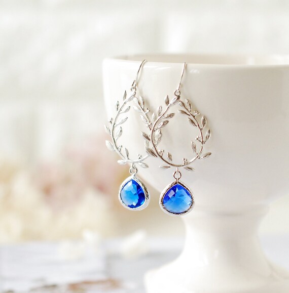 Sapphire Blue Laurel Wreath Earrings: Silver September Birthstone Jewelry