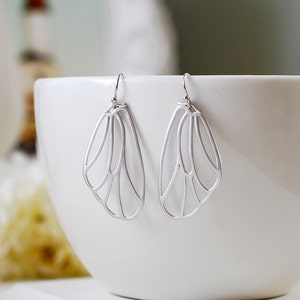 Silver Wing Earrings. Matte Silver Fairy Wings Earrings, Butterfly Wings Earrings, Cicada Wings Earrings. Filigree Wing Jewelry image 1