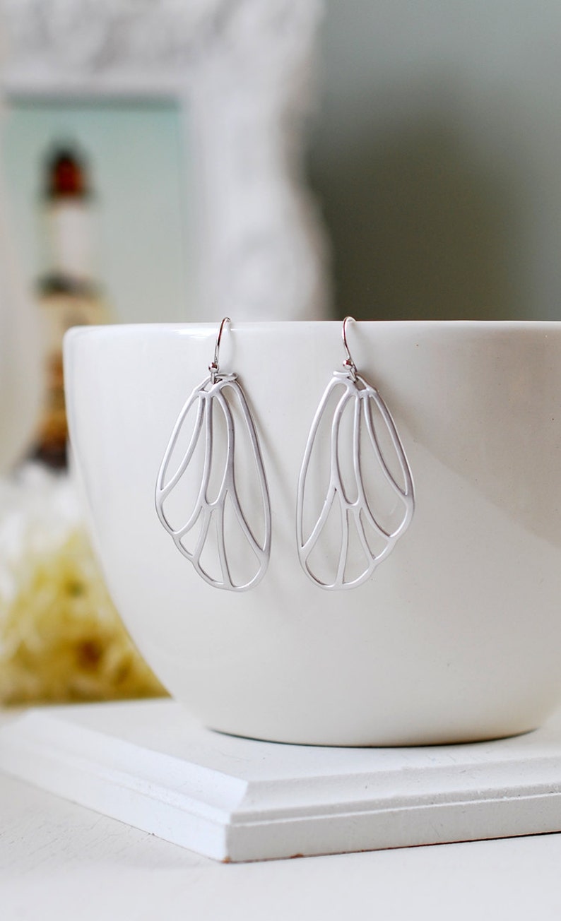 Silver Wing Earrings. Matte Silver Fairy Wings Earrings, Butterfly Wings Earrings, Cicada Wings Earrings. Filigree Wing Jewelry image 1