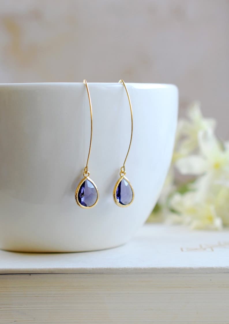 Navy Blue Drop Earrings, Gold Plated Montana Blue Sapphire Blue Teardrop Long dangle Earrings, Wedding Bridal Jewelry, Bridesmaid Gift image 5