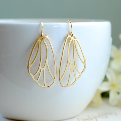 Gold Wing Earrings. Matte Gold Fairy Wings, Butterfly Wings, Cicada Wings Dangle Earrings. Wing Jewelry,  Gift for her
