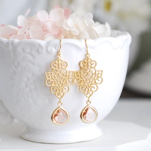 Bridesmaid Gift, Champagne Dangle Earrings, Peach Drop Earrings, Gold Filigree Earrings, Champagne Wedding Earrings, Bridesmaid Earrings