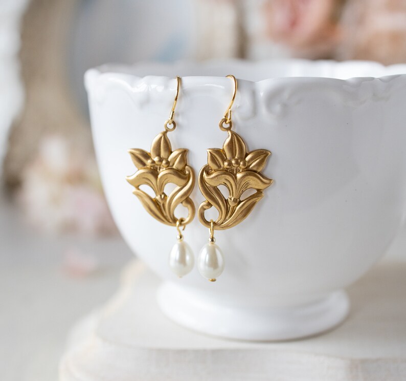 Lily Earrings Lily Jewelry Gold Brass Lily Flower Cream Etsy