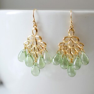 Mint Green Glass Drops Chandelier Earrings. Mint Green Czech Glass Drops, Gold Peacock Feather Chandelier Earrings. Summer Accessory image 5