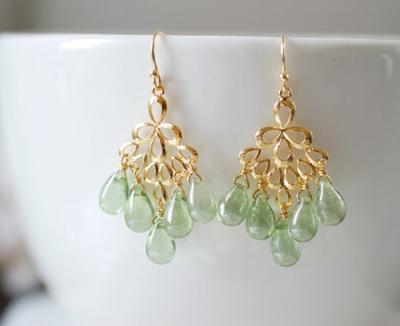 Mint Green Glass Drops Chandelier Earrings. Mint Green Czech Glass Drops, Gold Peacock Feather Chandelier Earrings. Summer Accessory image 5