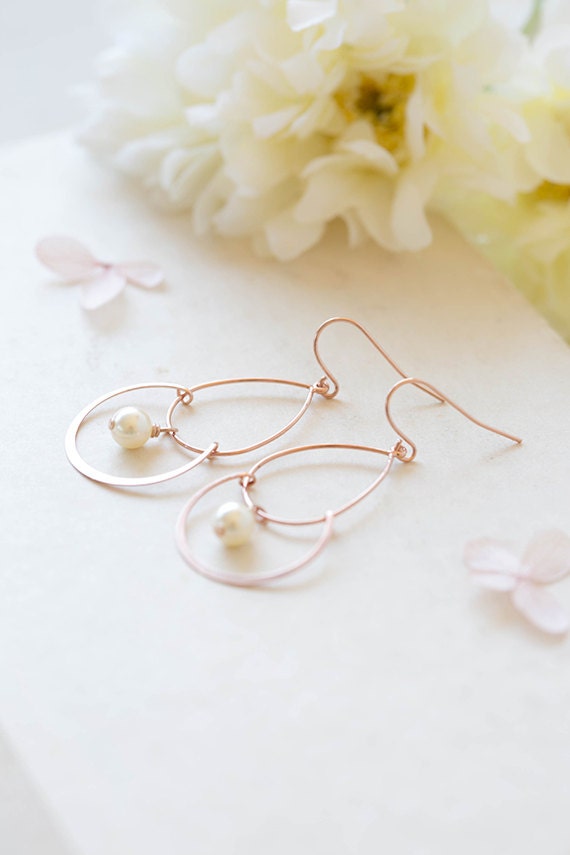 Rose Gold Hoop Dangle Earrings Pink Gold Cream White Pearl Etsy