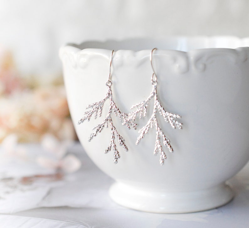 Silver Spruce Tree Leaf Branch Earrings, Fall Earrings, Winter Earrings, Fall Winter Jewelry, Coniferous Evergreen tree, Christmas Tree image 3