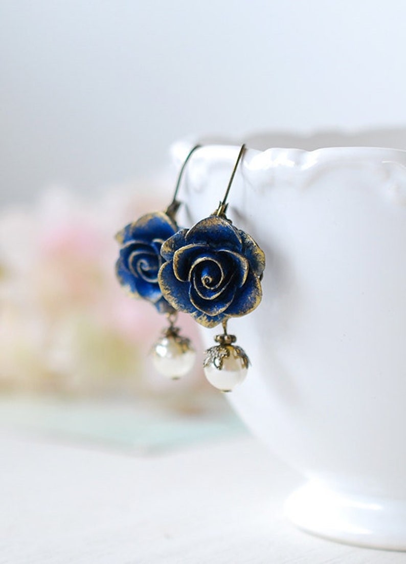 Dark Blue Earrings, Blue Flower with Cream Pearl Earrings, Navy Blue Earrings, Rose Earrings, Something Blue Wedding Bridesmaid Earrings image 1