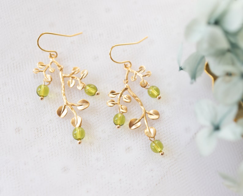 Peridot Green Earrings, Gold Leaf Tree Branch Dangle Earrings, chandelier Earrings, Summer Jewelry, Plant, Nature, August Birthstone image 8