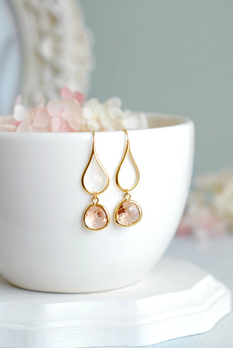 Peach Champagne Dangle Earrings Glass Drop Earrings Gold Etsy