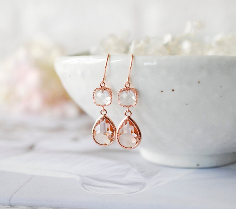 Rose Gold Earrings, Peach Champagne Clear Crystal Earrings, Rose Gold Jewelry, Birthday Anniversary Gift for Women, Bridesmaid Gift image 2