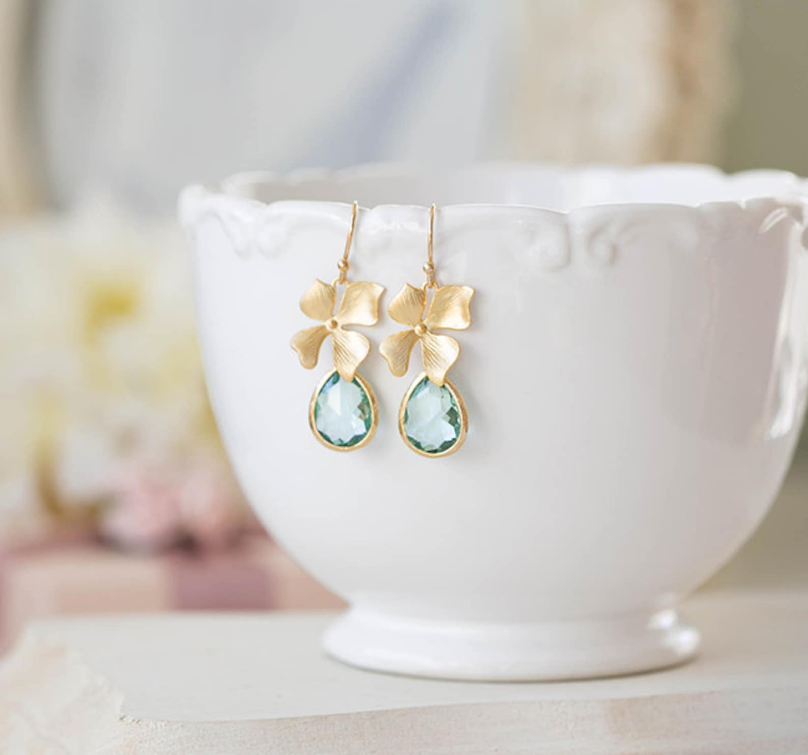 Seafoam Green Earrings Gold Orchid Flower Aqua Blue Glass Etsy