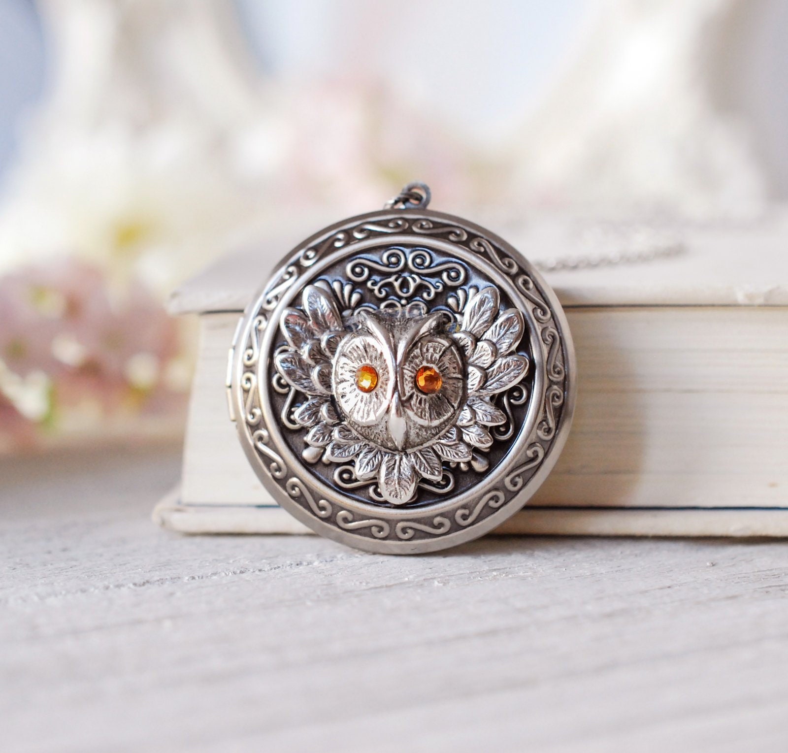 November Birthstone Topaz Silver Owl Locket Necklace, Personalized…