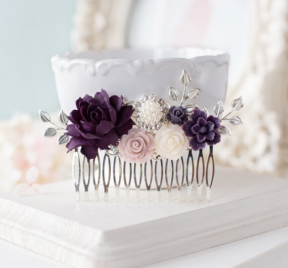 Purple Wedding Silver Bridal Hair Comb Eggplant Purple Lilac Etsy