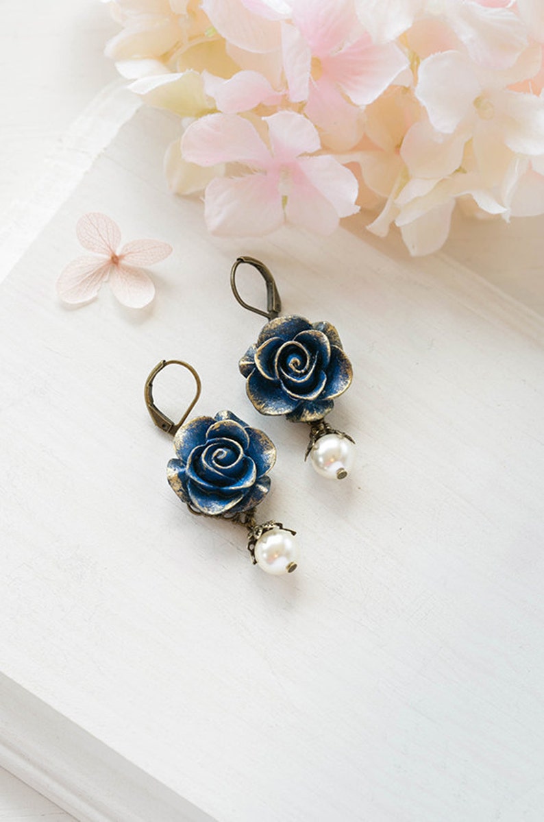Dark Blue Earrings, Blue Flower with Cream Pearl Earrings, Navy Blue Earrings, Rose Earrings, Something Blue Wedding Bridesmaid Earrings image 4